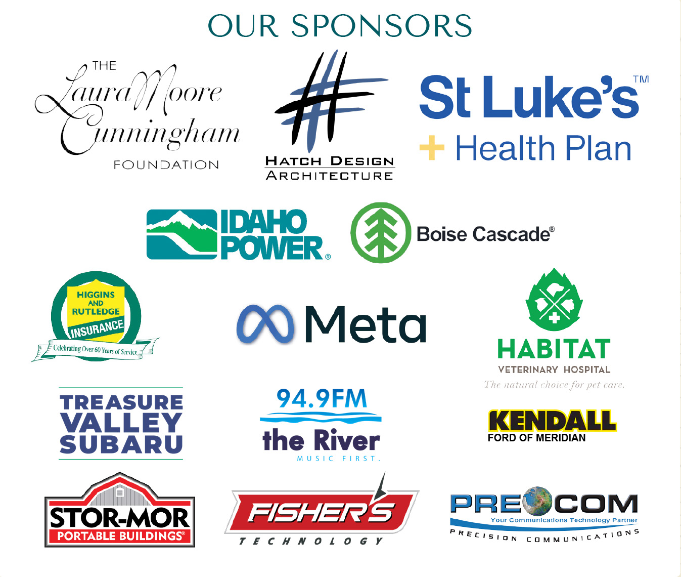 Fall Flights Sponsor Logos: (left to right, top to bottom) Laura Moore Cunningham Foundation, Hatch Architectural Design, St. Lukes Health Plan, Idaho Power, Boise Cascade, Higgins and Rutledge Insurance, Meta, Habitat Veterinary Hospital, Treasure Valley Subaru, 94.9 FM the River, Kendall Ford of Meridian, Stor-Mor, Fisher's Technology, and Pre-Com