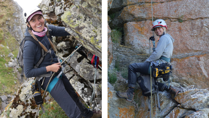 Left: Sage Dale climbing. Right: Kara Beer climbing.